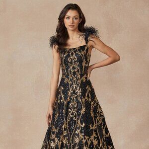 NEW SLEEVELESS A-LINE POLYESTER DRESS EMBROIDERED WITH SEQUINS & FEATHERS JT 297